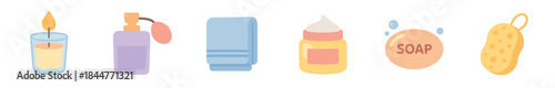 Collection of colorful bathroom accessories including a candle, perfume, towel, cream, and sponge, depicted in a flat cartoon illustration style for spa and wellness concepts