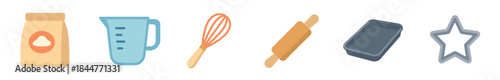 Set of colorful baking tools and ingredients including a bag of flour, measuring cup, whisk, rolling pin, baking tray, and a star cookie cutter in a flat illustration style
