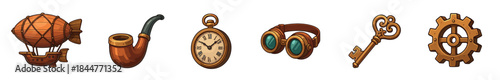Collection of steampunk-themed cartoon icons including an airship, pipe, pocket watch, goggles, key, and gear, illustrated in a vintage, industrial, and fantasy style