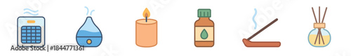 Set of colorful aromatherapy icons including a humidifier, diffuser, candle, essential oil, incense, and reed diffuser for wellness and relaxation concepts in a flat vector style