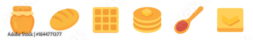 Set of six breakfast food icons featuring a honey jar, bread loaf, waffle, pancakes, spoon with jam, and butter, designed in a simple flat vector illustration style