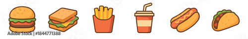 Collection of six colorful fast food icons featuring a burger, sandwich, fries, drink, hot dog, and taco, created in a simple and cute cartoon vector illustration style
