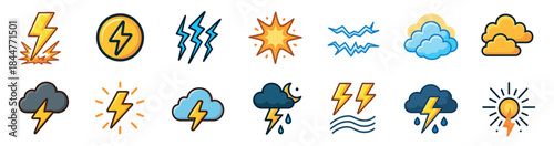 Diverse collection of colorful lightning bolt and weather icons depicting thunderstorms, energy, clouds, and rain in a clean, modern cartoon illustration style