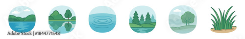 Set of six nature landscape icons showing hills, trees, water reflections, ripples, and green grass in a flat minimalist cartoon vector illustration style for design elements