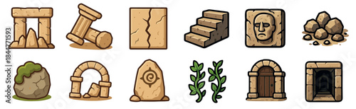 Set of ancient ruins game icons featuring stone arches, broken pillars, carved faces, mossy boulders, and dungeon entrances in a detailed cartoon illustration style for fantasy worlds
