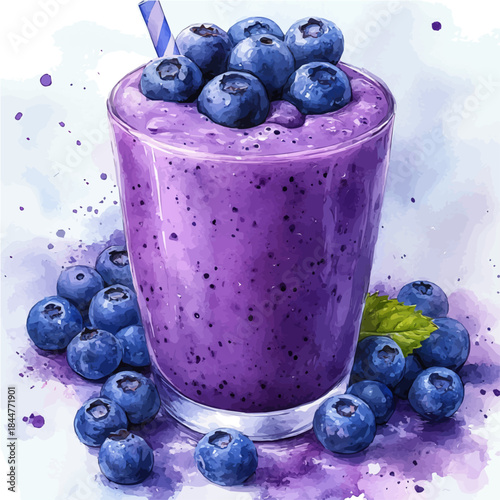 Acai Smoothie, watercolor illustration featuring playful movement and lively expressions, isolated on a white background.