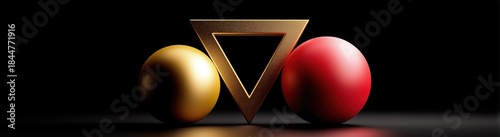 Golden triangle symbol with golden sphere and red sphere. Abstract 3d render illustration for balance or opposition concept design.