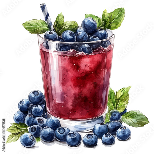 Acai Smoothie, watercolor clipart showcasing whimsical details and harmonious color flow, isolated on a white background.