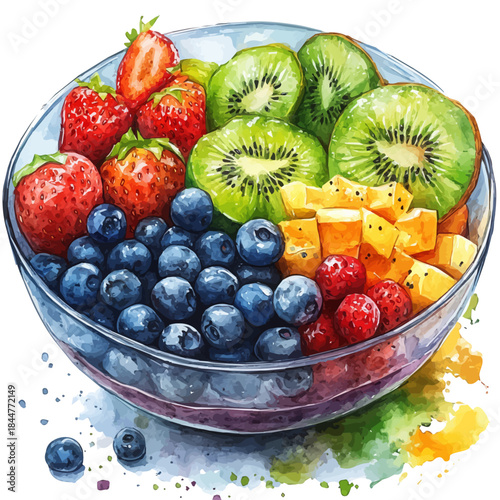 Acai Bowl, watercolor vector portraying a joyful pose with colorful highlights, isolated on a white background.