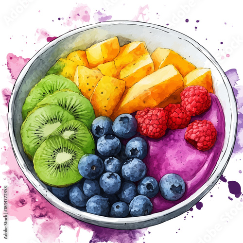 Acai Bowl, watercolor painting capturing graceful lines and soft blended shades, isolated on a white background.