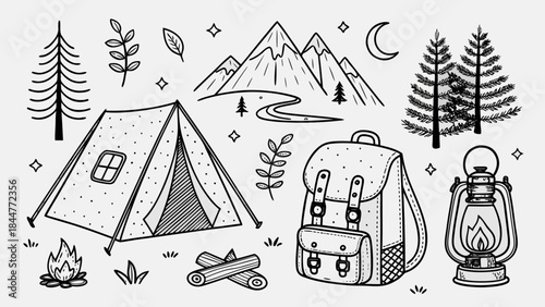 camping icons set, Camping Adventure Sketches