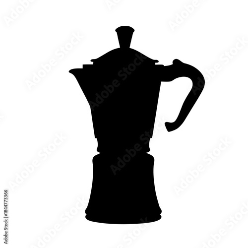 Black silhouette of a classic italian stovetop espresso maker against a white background
