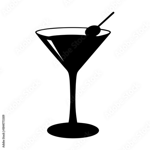 A minimalist black silhouette illustration of a martini glass with an olive garnish