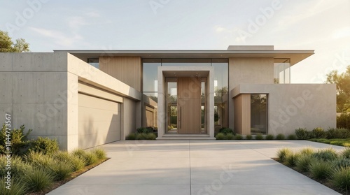 Fototapeta Naklejka Na Ścianę i Meble -  Modern Residential Architecture with White Walls, Teak Wood and Flat Roof, 3D Render