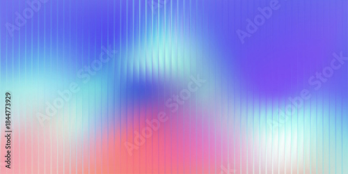 Iridescent prism glass surface, vertical ribbed lines over blurred cyan pink and violet field, modern optical backdrop, vector illustration