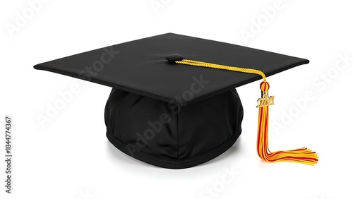 Graduation Cap with Yellow Tassel on White Background