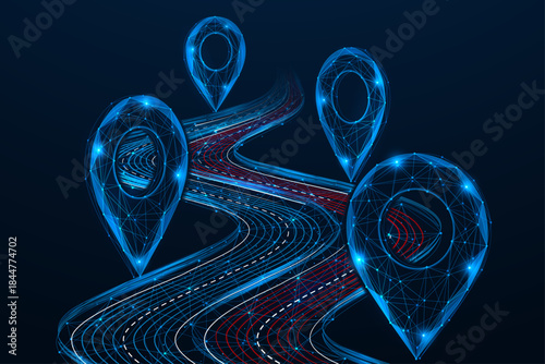Digital navigation network. A road with geolocation markers along its route. The concept of autonomous navigation and smart logistics. Low-poly design of lines and dots, blue background.