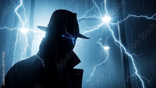 Enigmatic Silhouette with Electric Blue Eyes Stands Amidst a Fierce Lightning Storm