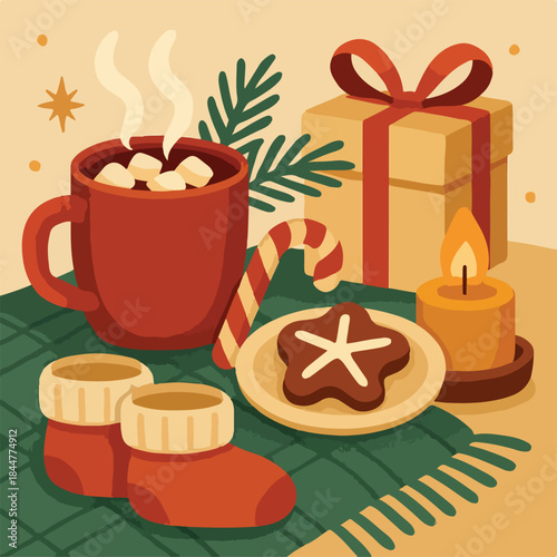 Cozy Christmas Cocoa with Gift and Candle