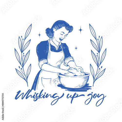 Whisking Up Joy retro vintage 1950s woman baking sketch illustration with blue line art and laurel wreath
