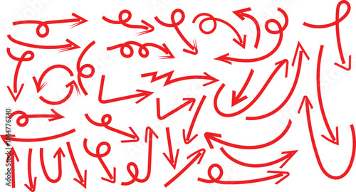 Collection of hand drawn red doodle arrows pointing in many different directions for design elements.