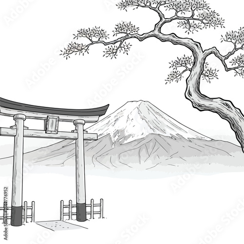 Black and white japanese landscape with torii gate and mountain