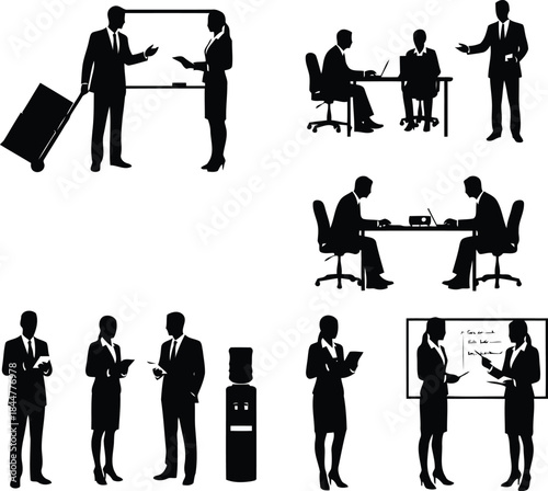 Business professionals in various meeting and presentation settings with silhouettes on