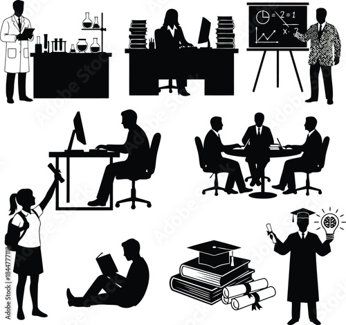 Black silhouettes of students and teachers in various educational settings with books and graduation