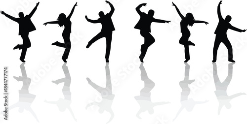 Silhouettes of people dancing in various poses isolated on with reflections