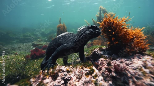 Marine Iguana Grazing on Orange Algae Under the Sea