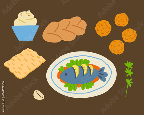 Jewish cuisine illustration. Food and religious holidays. Hand drawn doodle with stuffed fish, hummus, Matzah. Festive elements for Hanukkah, Tu Bishvat. Design for card, banner, flyer, paper