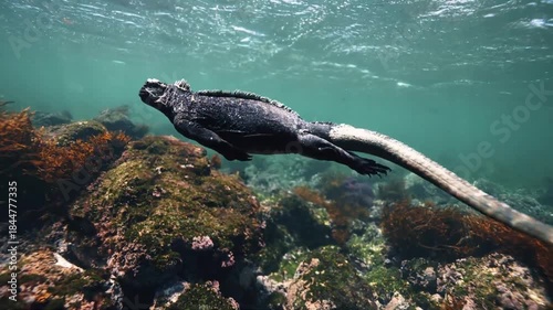 Marine Iguana Gracefully Swmming Through the Clear Ble Sea