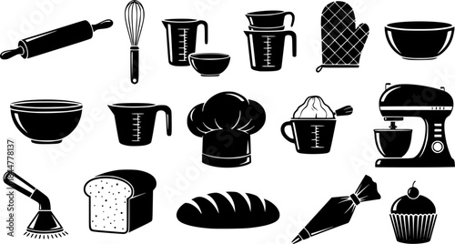 Baking kitchen tools silhouettes, Bakery silhouette, Bakery, Kitchen tools, Kitchen tools silhouettes