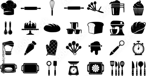 Baking kitchen tools silhouettes, Bakery silhouette, Bakery, Kitchen tools, Kitchen tools silhouettes