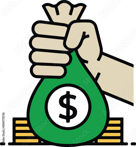 Hand firmly clutching a green money bag with a prominent dollar sign, resting on a stack of gold coins, symbolizing finance, wealth, and saving.