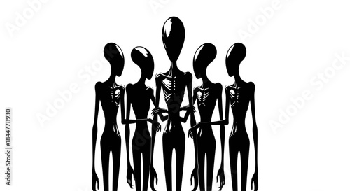 Alien Assembly Stylized Silhouettes of Five Extraterrestrial Figures with Elongated Limbs and Heads