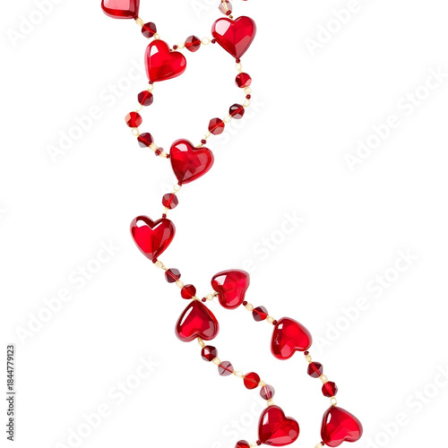 Decorative bead garland red hearts, isolated on transparent background