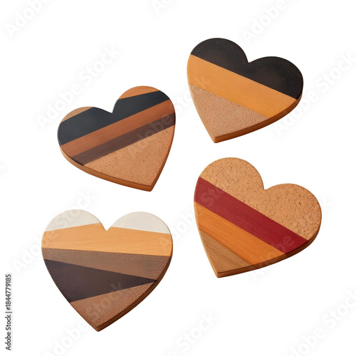Heart-shaped coaster set wood or cork, isolated on transparent background