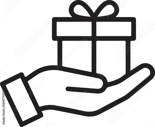 Hand holding a neatly wrapped present box with a decorative ribbon bow, symbolizing gifting, surprise, and celebratory moments. outline vector icon.