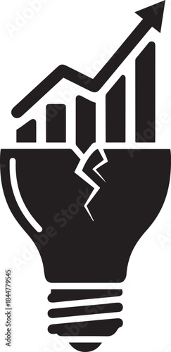 Black graphic of a broken light bulb with a rising bar graph and arrow on white background cracked bar chart