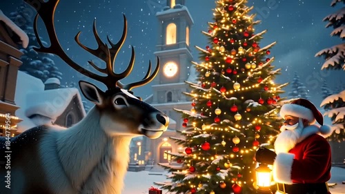 santa claus and reindeer in snowy weather with cristmas tree 