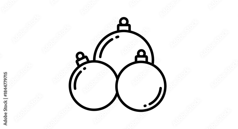 Fototapeta premium Outlined Ornaments Black-and-White Line Drawing of Three Christmas Baubles in Triangular Arrangement