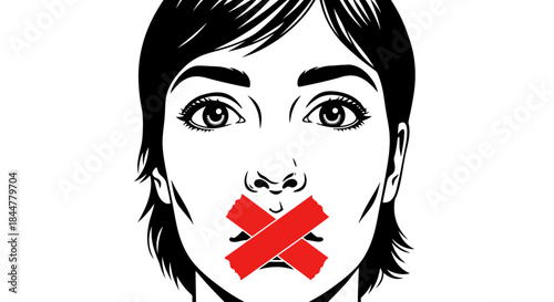 Silenced Expression Black-and-White Face with Red Tape X Over Mouth Symbolizing Censorship and Suppression