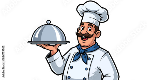 Classic Chef Charm Cartoon Mustached Cook in White Uniform Holding Covered Serving Platter with a Smile