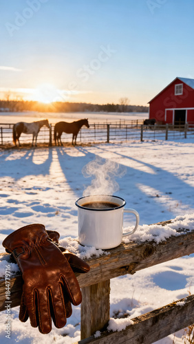 Steaming coffee mug and brown leather gloves on a wooden fence rail. Vertical winter ranch landscape with horses and red barn at sunrise