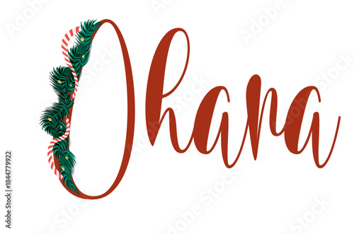 Vector design of “Ohana” with glowing Christmas lights in red, green, and yellow. Ideal for holiday cards, crafts, and family-themed prints.
