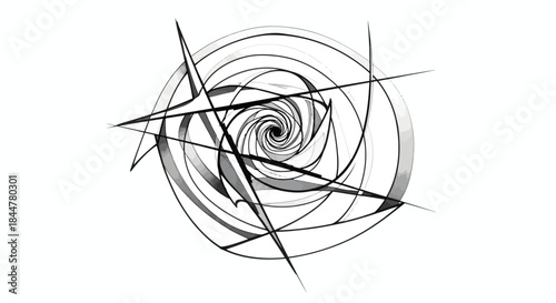 Chaotic Spiral Black-and-White Abstract Design with Central Swirl and Radiating Sharp Intersecting Lines