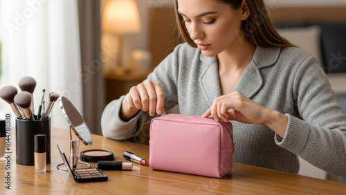 A young woman with a pink makeup bag on a wooden table surrounded by brushes, powders, and a mirror.