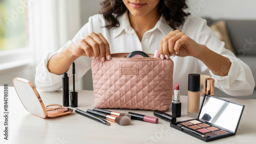 A young woman with a  pink makeup bag on a wooden vanity surrounded by beauty products.