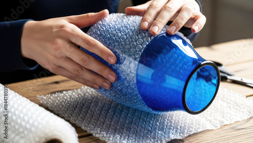 Woman hands wrapping carefully a blue transparent glass vase with bubble wrap on a wooden table. Fragile items protection, packaging practice concept.